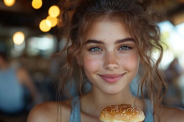 Naklejka premium Young girl with freckles smiling while holding a burger in a cozy dining setting during daylight