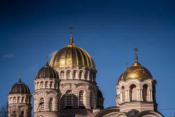 Russian propaganda church golden dome architecture in Riga, Latvia