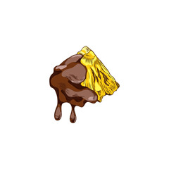 Vector illustration of pineapple in melted chocolate. Fondue, traditional dessert. Hand drawn.
