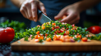 Chef Hands Chopping Fresh Salsa Ingredients on Wood Board