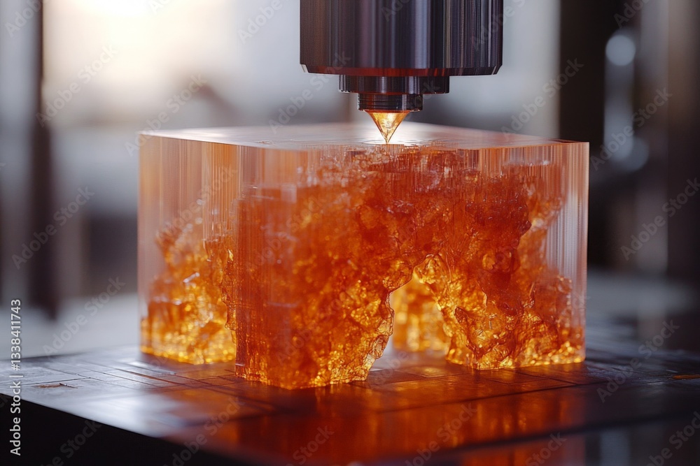 Poster Advanced 3D printing process creating an intricate resin model with vibrant orange hues in a modern workshop