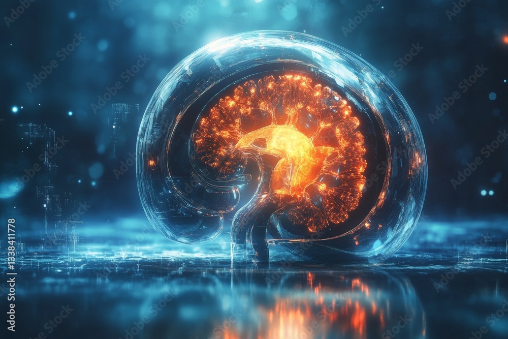 Poster Exploring the intricate fusion of nature and technology represented by a glowing brain structure in a digital environment