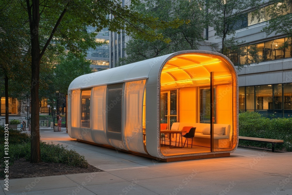 Aufkleber Modern modular structure with glowing interior in an urban park setting during evening hours