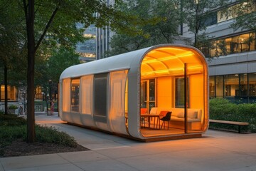 Obraz premium Modern modular structure with glowing interior in an urban park setting during evening hours