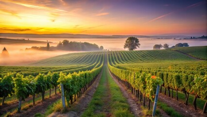 Fototapeta premium Vineyard rows under misty dawn in Dizy , France, vineyards
