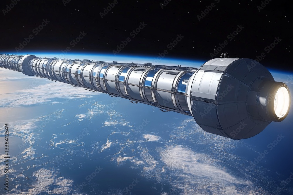Poster space station orbiting earth with advanced technology and a futuristic design