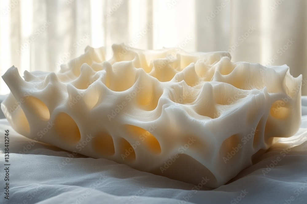 Aufkleber intricate 3d printed sculpture resembling organic structure displayed on soft fabric under natural l