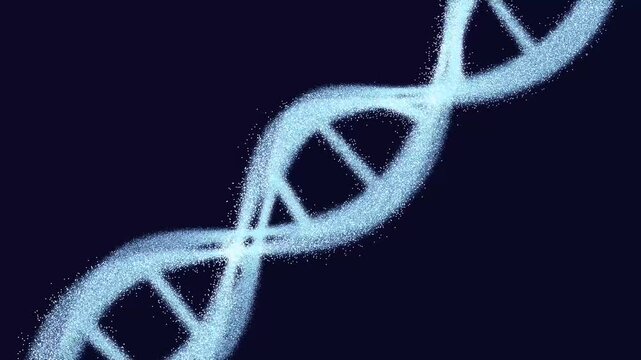 Abstract digital rotating dna molecule on futuristic shiny copy space background. Abstract glittering DNA double helix with depth of field rotating.