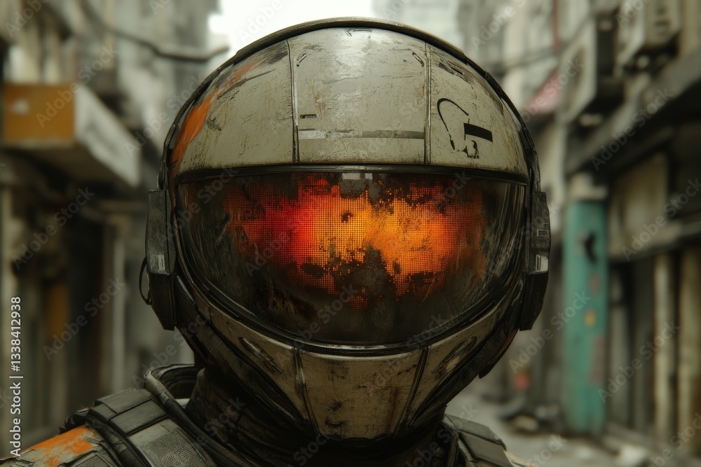 Aufkleber futuristic soldier stands in abandoned urban setting during dusk with vivid glowing visor
