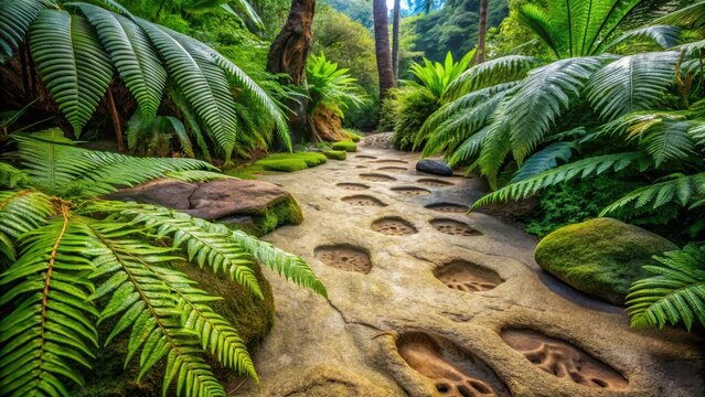Ancient giant's massive footprints in sedimentary rock formation, surrounded by ferns and cycads from a bygone era