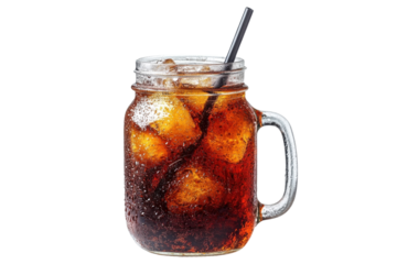 Refreshing Cold Drink Served in a Mason Jar with a Colorful Straw Perfect for Summer Quench and Enjoyment isolated on transparent background
