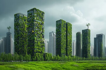 Obraz premium Urban landscape with green skyscrapers among modern city buildings under a cloudy sky
