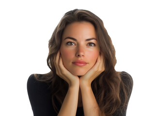 Woman with long hair resting her chin on hands and smiling softly on a transparent background, cut out