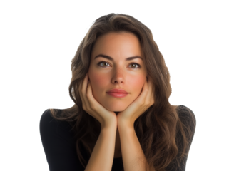 Woman with long hair resting her chin on hands and smiling softly on a transparent background, cut out