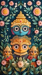 Fototapeta premium A vibrant papercut composition of Lord Jagannath with Balabhadra and Subhadra, with intricate temple carvings and a spiritual aura surrounding them
