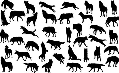 wolves in different angles set, silhouette vector collection on white background