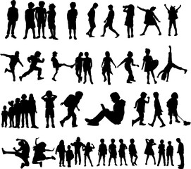children in different angles set, silhouette collection vector on white background