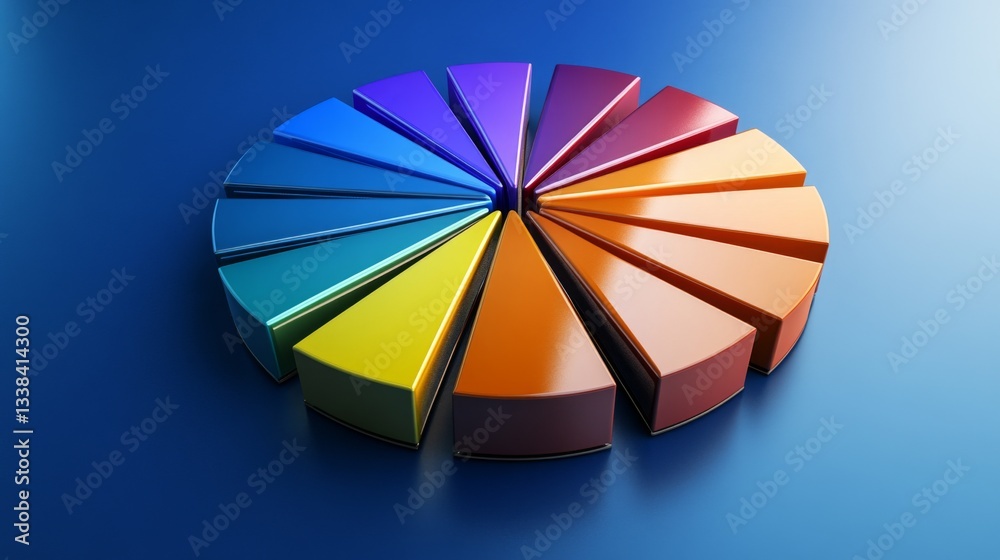 Poster an abstract d pie chart with dynamic movement, where slices rotate and change color, symbolizing the