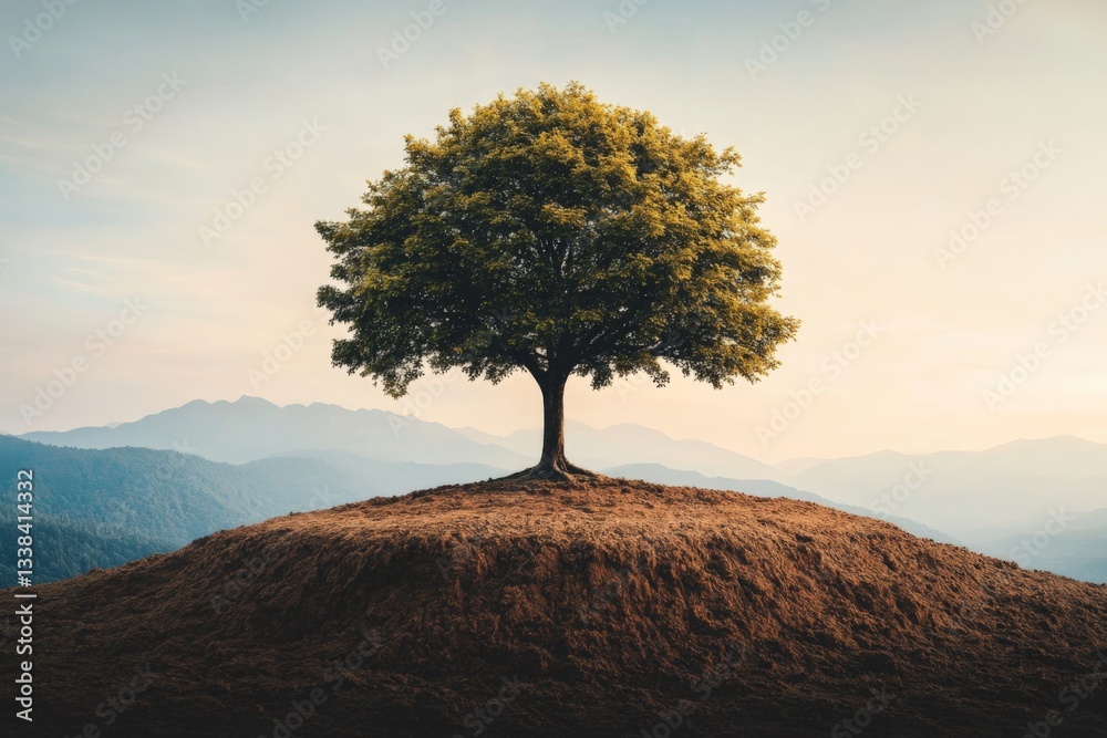 Poster majestic tree standing alone on a hilltop against a serene mountain backdrop at dawn