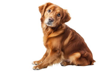 Curious Golden Retriever Puppy Sitting Sideways on a Soft Surface Looking Playful and Excited for Outdoor Fun isolated on transparent background