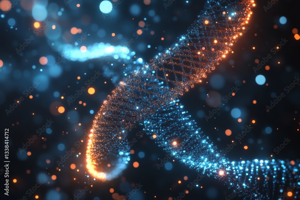 Aufkleber vibrant depiction of a dna helix illuminated by glowing particles in a dark background