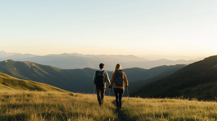 Obraz premium A couple hiking backpacks under a mountain vista