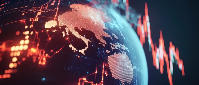 Digital representation of Earth with glowing data points and fluctuating graphs, symbolizing global connectivity and technology.