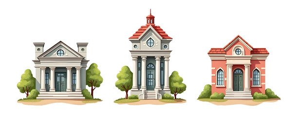 Naklejka premium Three distinct architectural styles with trees in a simple illustration. cut out, transparent background