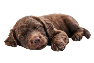 Adorable 4 Month Old Labradoodle Puppy Laying on Soft Surface Ready to Bring Joy and Cheer to Families isolated on transparent background