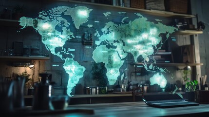 Obraz premium A digital world map illuminated on a wall in a modern workspace, showcasing a tech-inspired design with shelves and a laptop in the foreground.