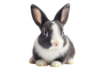 Fototapeta premium Cute black and white baby rabbit sitting up adorably in a garden setting perfect for childrens books and designs isolated on transparent background