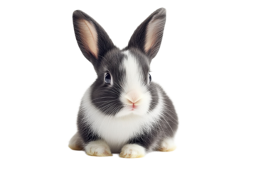Cute black and white baby rabbit sitting up adorably in a garden setting perfect for childrens books and designs isolated on transparent background