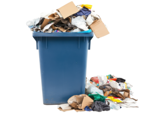 Overflowing trash bin filled with mixed waste materials on a transparent background, cut out