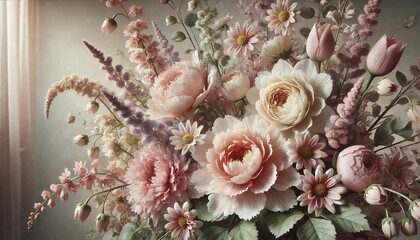 Elegantes Blumenarrangement in Beige und Rosé – Romantische Pfingstrosen, Rosen und Wildblumen im Vintage-Stil