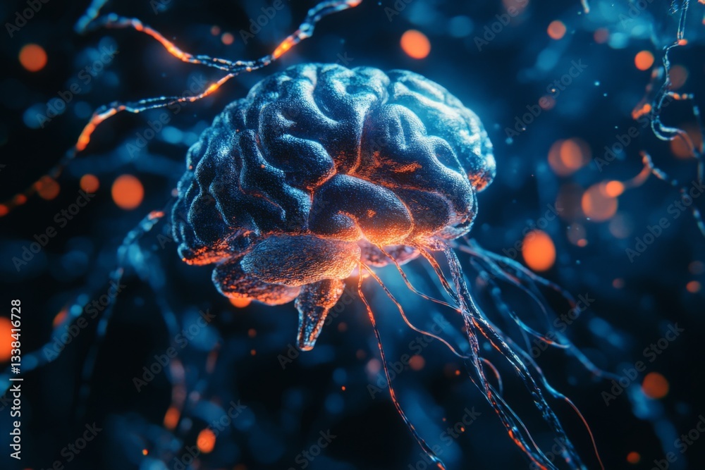 Poster visualization of human brain activity with energetic neural connections in vibrant colors