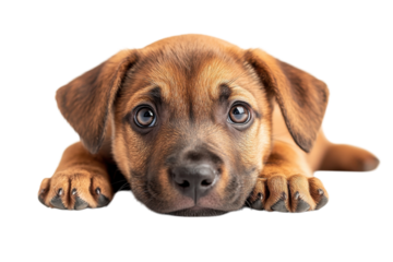 Adorable brindle Rhodesian Ridgeback puppy laying on soft blanket perfect for pet related content and blogs isolated on transparent background