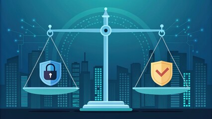 Cybersecurity law concept, Digital scales balancing security and trust symbols.