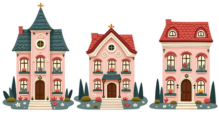 Naklejka premium Charming illustrated houses with unique designs and colorful details. cut out, transparent background
