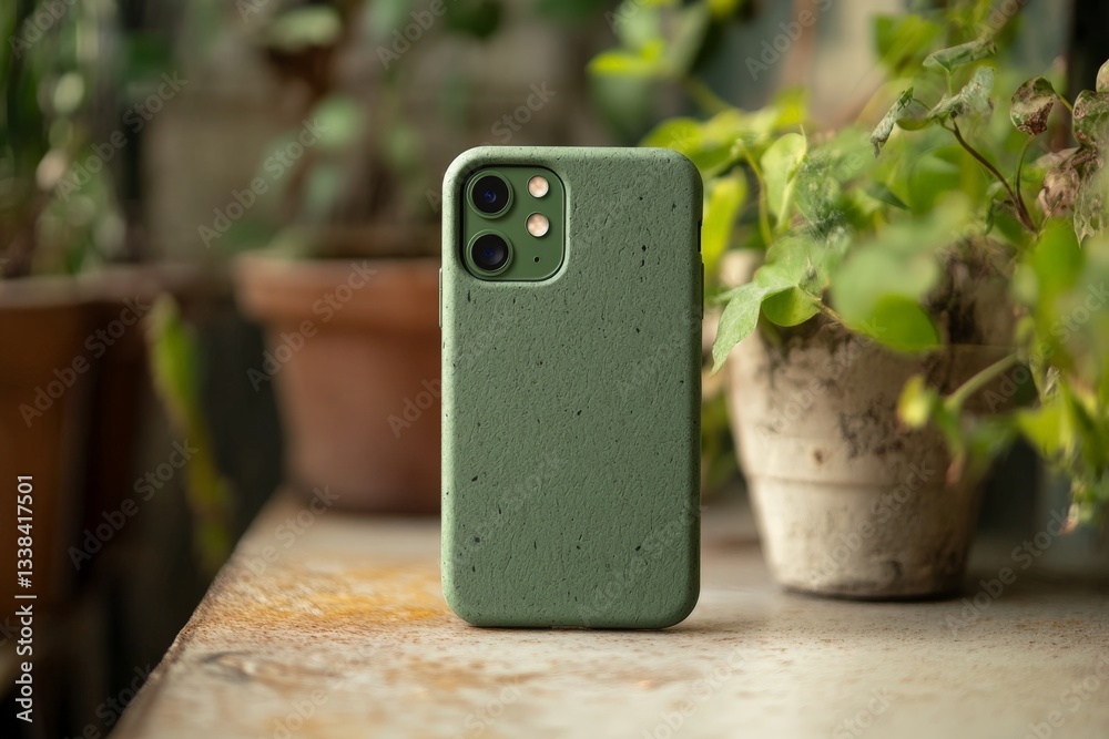 Poster Unique green phone case placed on a rustic table surrounded by lush indoor plants in a natural light setting