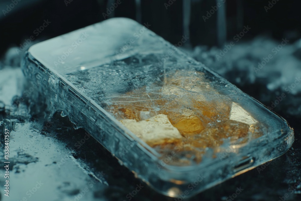 Aufkleber Smartphone submerged in ice and cold water, creating a unique contrast with refreshment