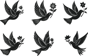 Fototapeta premium Set of Flying Dove Silhouettes with Flowers - Elegant Mother’s Day Vector Illustration
