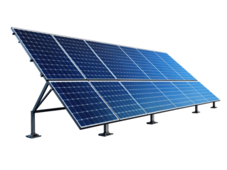 Solar panels harnessing sunlight in a clear sky environment on a transparent background, cut out