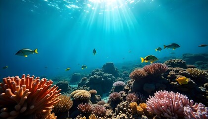Naklejka premium An underwater photograph showcasing a vibrant coral reef teeming with diverse fish and marine organisms in crystal-clear water, perfect for earth day