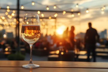 Sunset gathering on a rooftop bar with cocktails and warm string lights illuminating the evening