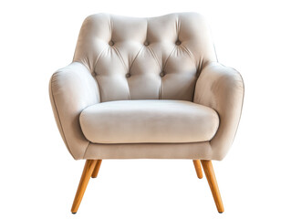 Naklejka premium Comfortable modern armchair with tufted design and wooden legs on a transparent background, cut out