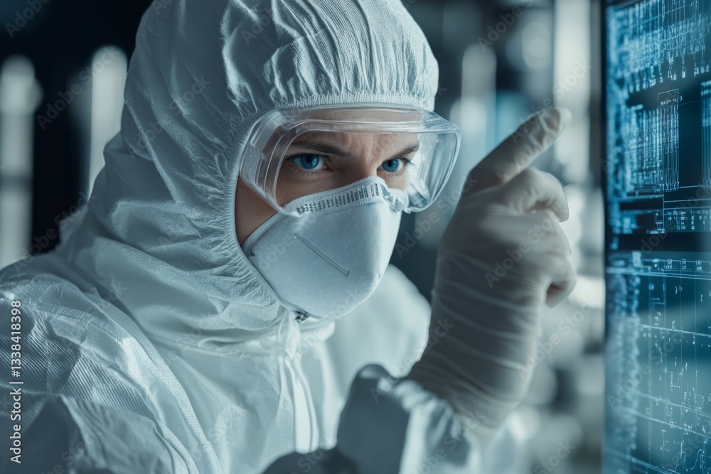 Aufkleber Research scientist in protective gear examines data on a digital display in a laboratory setting during nighttime