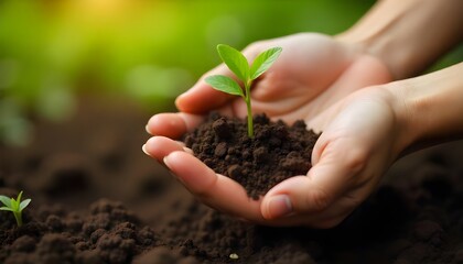 A symbolic photograph of a human hand gently cradling a small plant growing from fertile soil, perfect for earth day