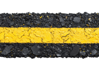Yellow line marking on asphalt road surface in urban area on a transparent background, cut out