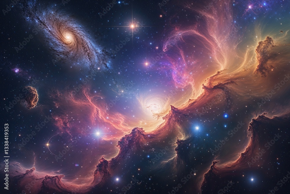 Wall mural vivid cosmic landscape of a colorful nebula with shining stars and distant galaxies