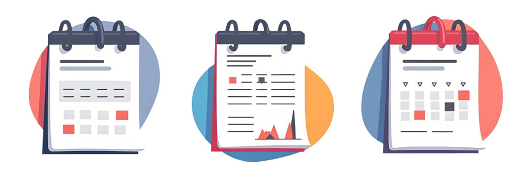 Three illustrated calendars featuring different layouts and designs on colorful backgrounds. cut out, transparent background